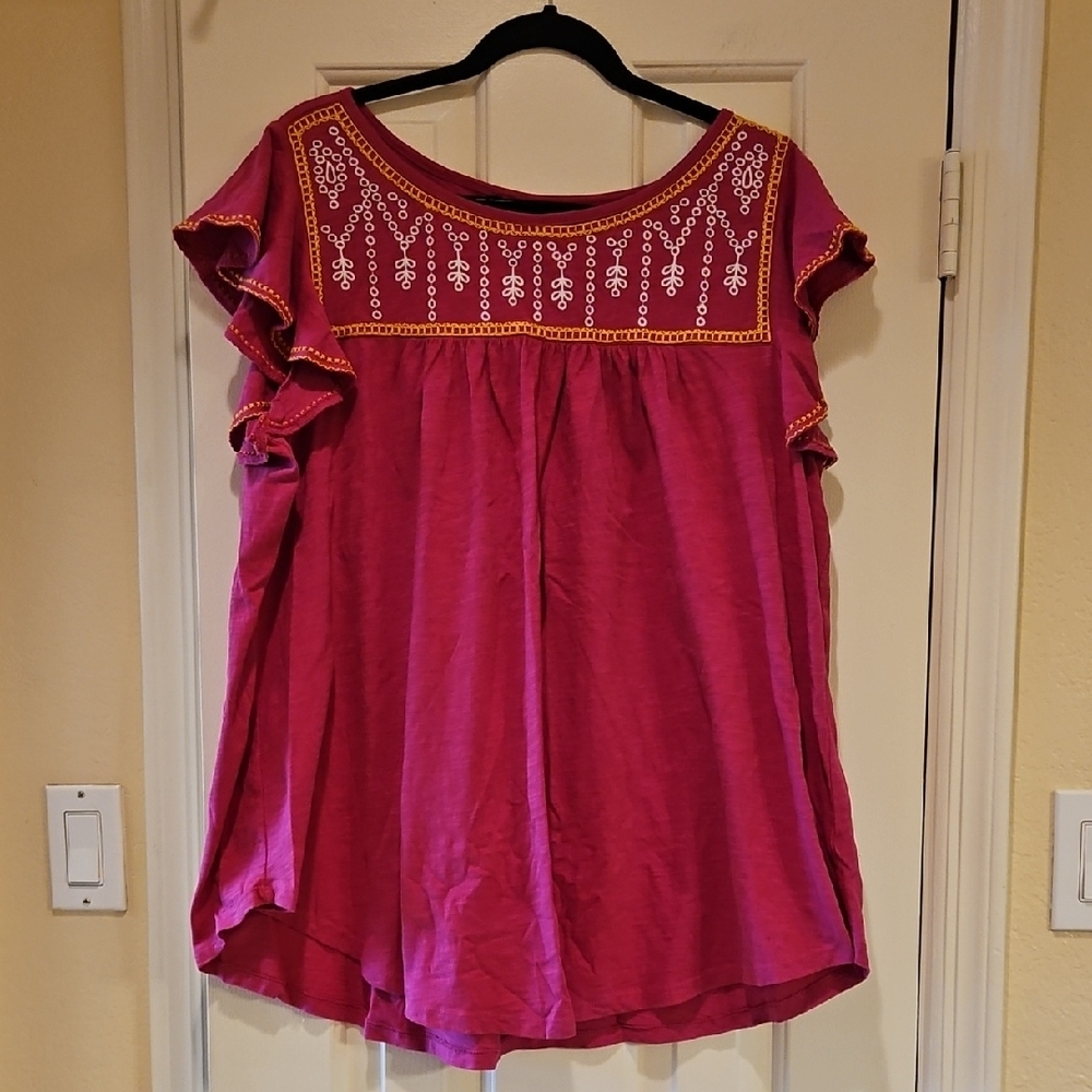 Pink Flutter Sleeve Blouse with Ruffled Bib Collar